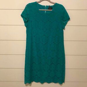 Teal Short Sleeve Shift Dress with Crochet Overlay